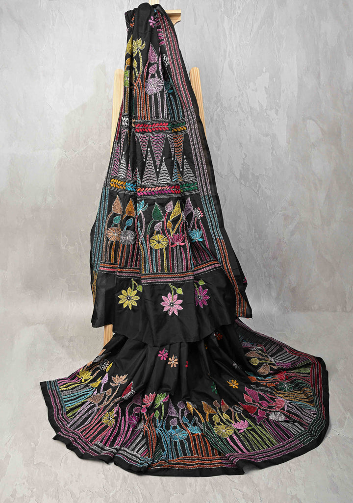 Black Art Silk Saree with Kantha Hand Embroidery Design