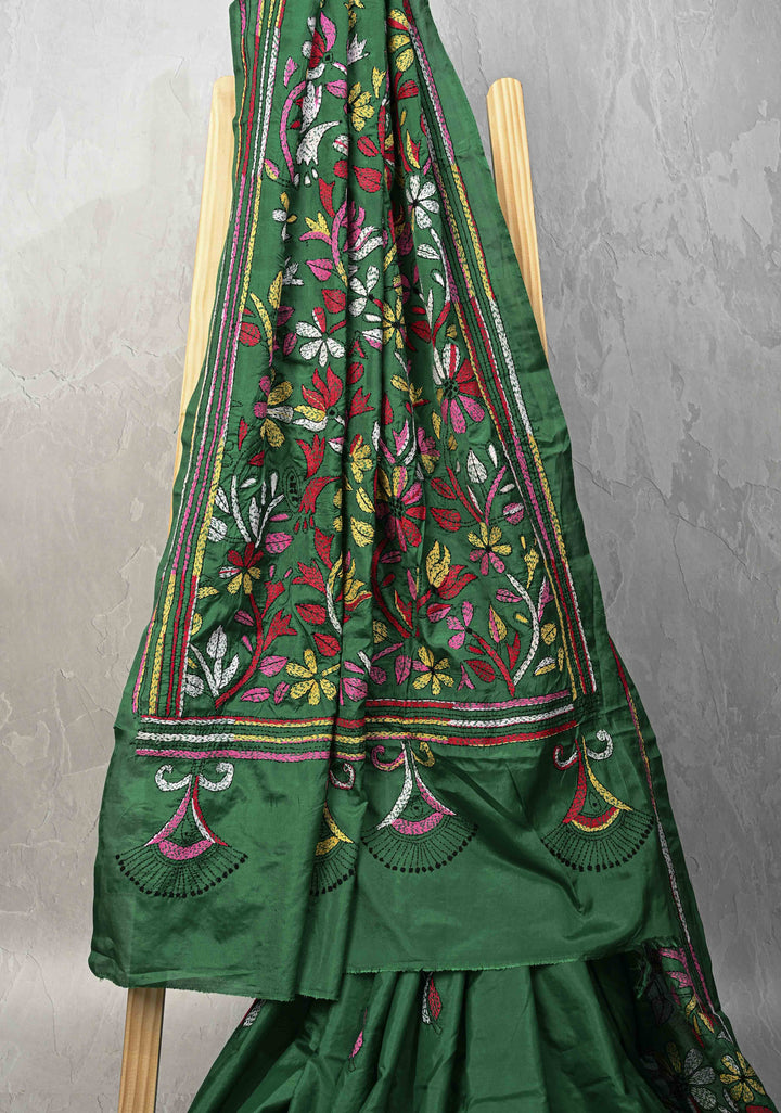 Green  Art Silk Saree with Kantha Hand Embroidery Design