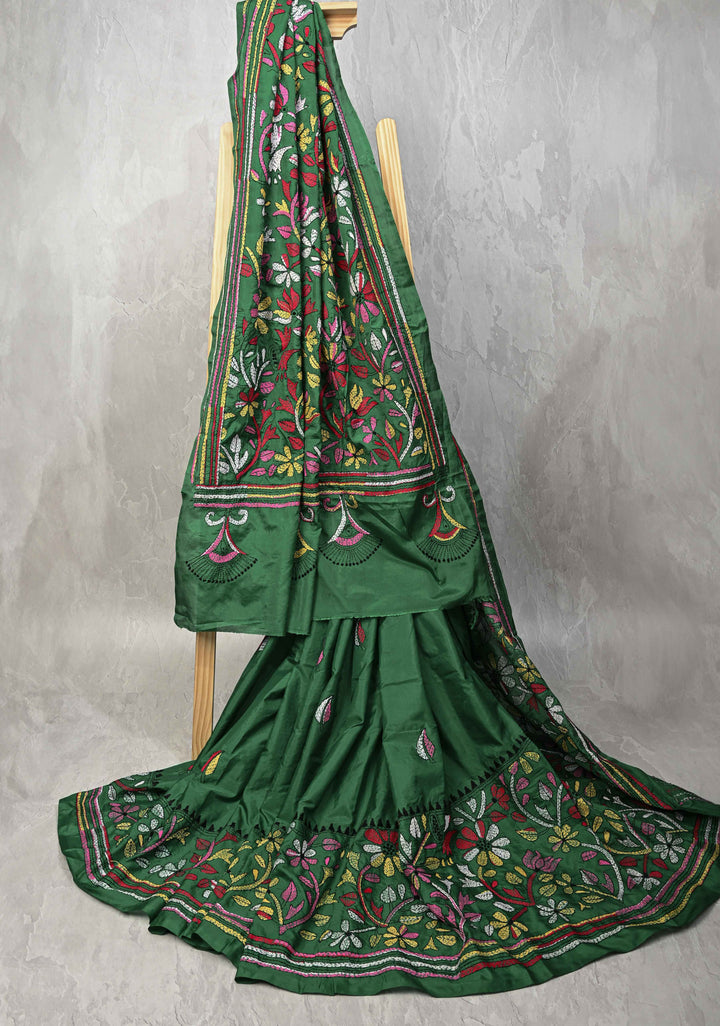Green  Art Silk Saree with Kantha Hand Embroidery Design