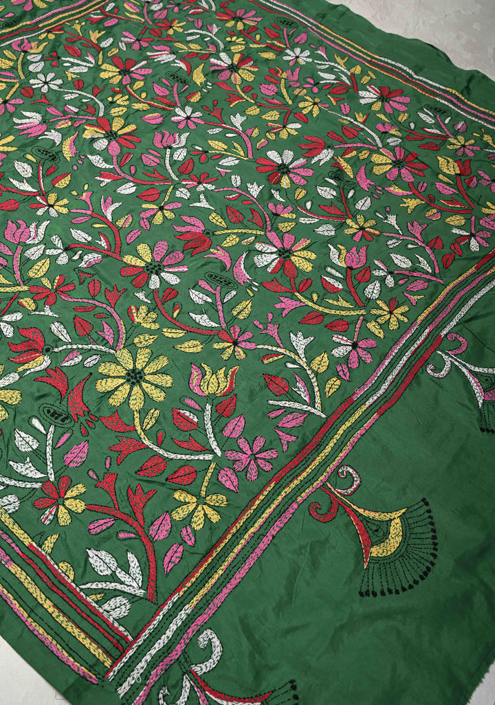 Green  Art Silk Saree with Kantha Hand Embroidery Design