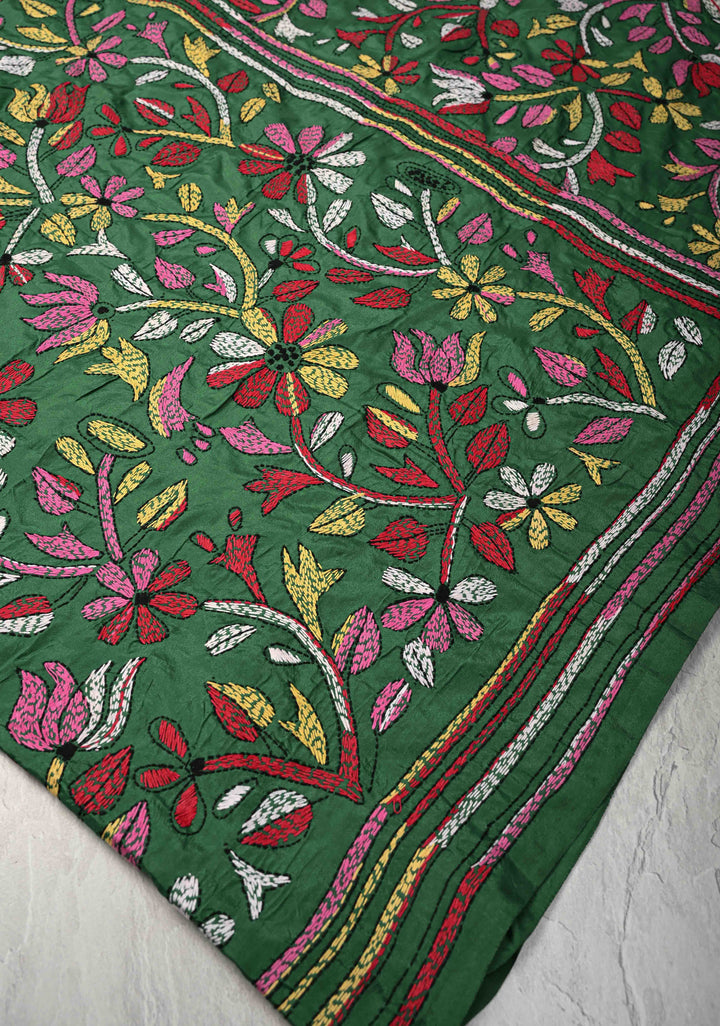 Green  Art Silk Saree with Kantha Hand Embroidery Design