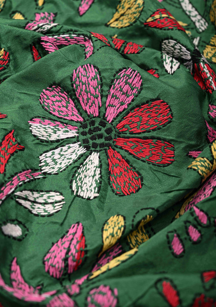 Green  Art Silk Saree with Kantha Hand Embroidery Design