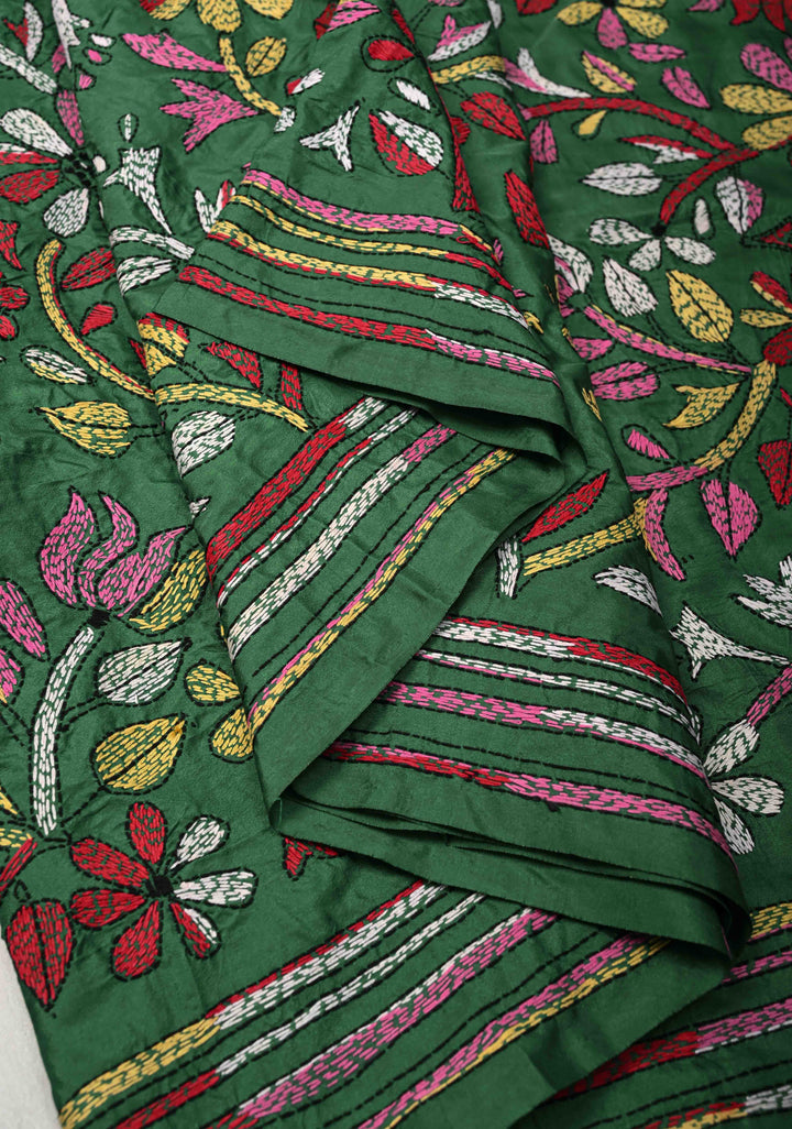 Green  Art Silk Saree with Kantha Hand Embroidery Design