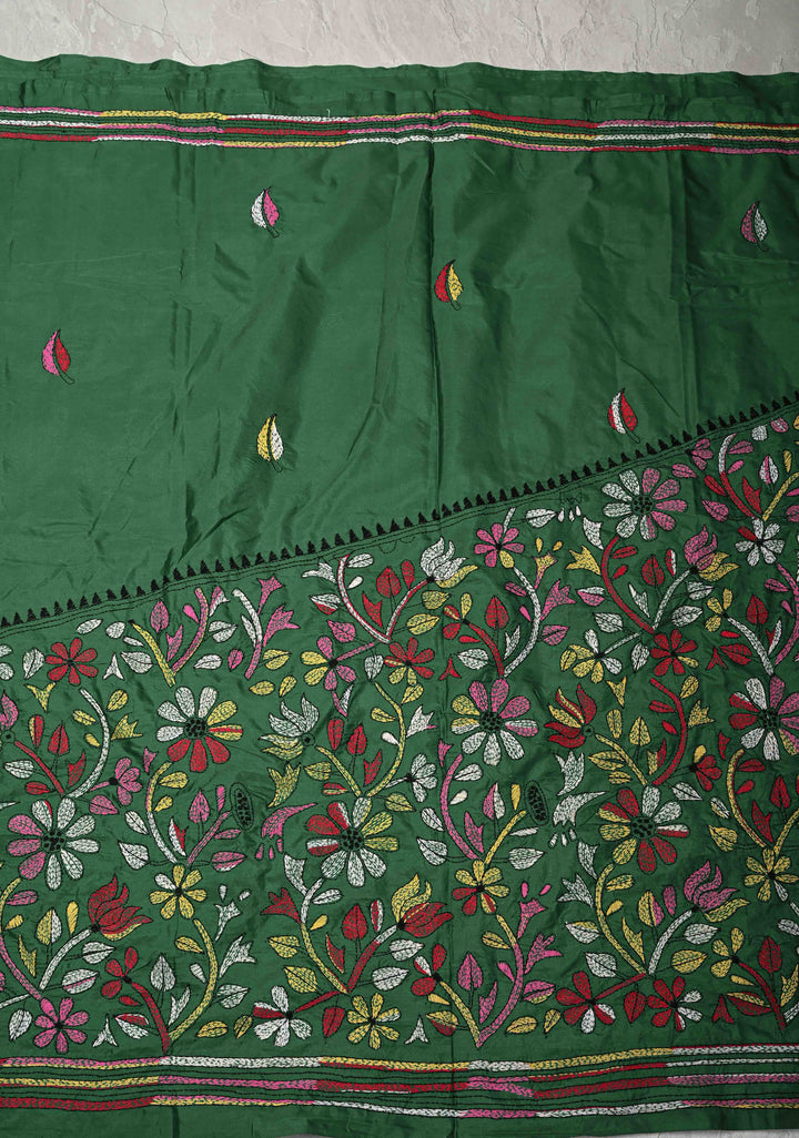 Green  Art Silk Saree with Kantha Hand Embroidery Design