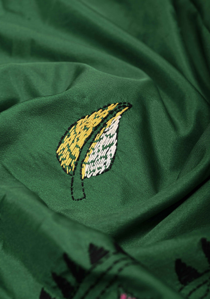 Green  Art Silk Saree with Kantha Hand Embroidery Design