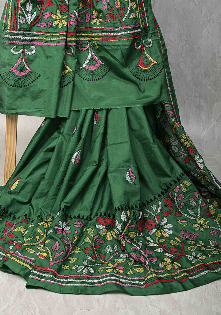 Green  Art Silk Saree with Kantha Hand Embroidery Design