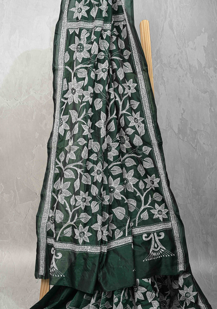 Bottle Green Art Silk Saree with Kantha Hand Embroidery Design