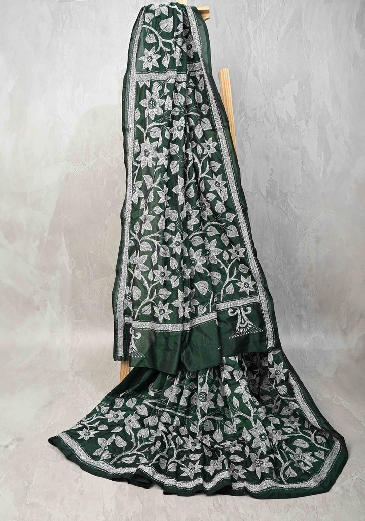 Bottle Green Art Silk Saree with Kantha Hand Embroidery Design