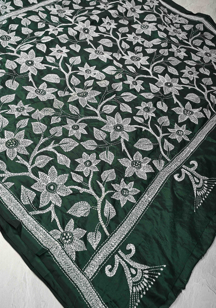 Bottle Green Art Silk Saree with Kantha Hand Embroidery Design
