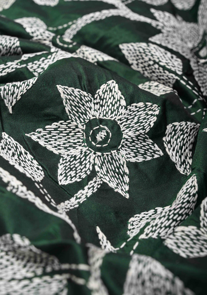 Bottle Green Art Silk Saree with Kantha Hand Embroidery Design