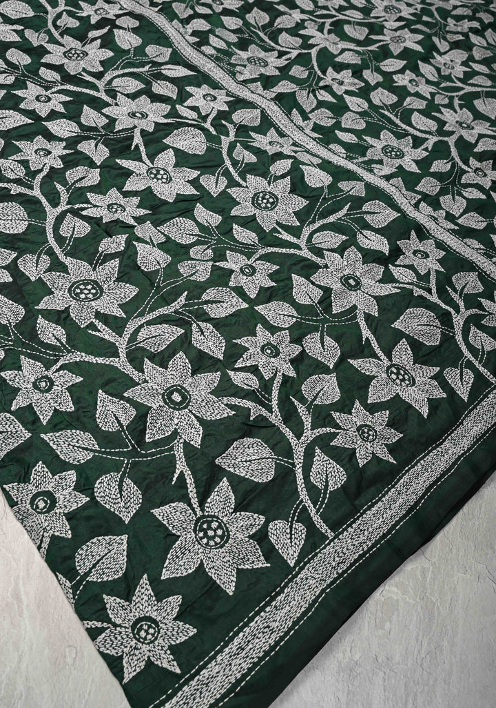 Bottle Green Art Silk Saree with Kantha Hand Embroidery Design