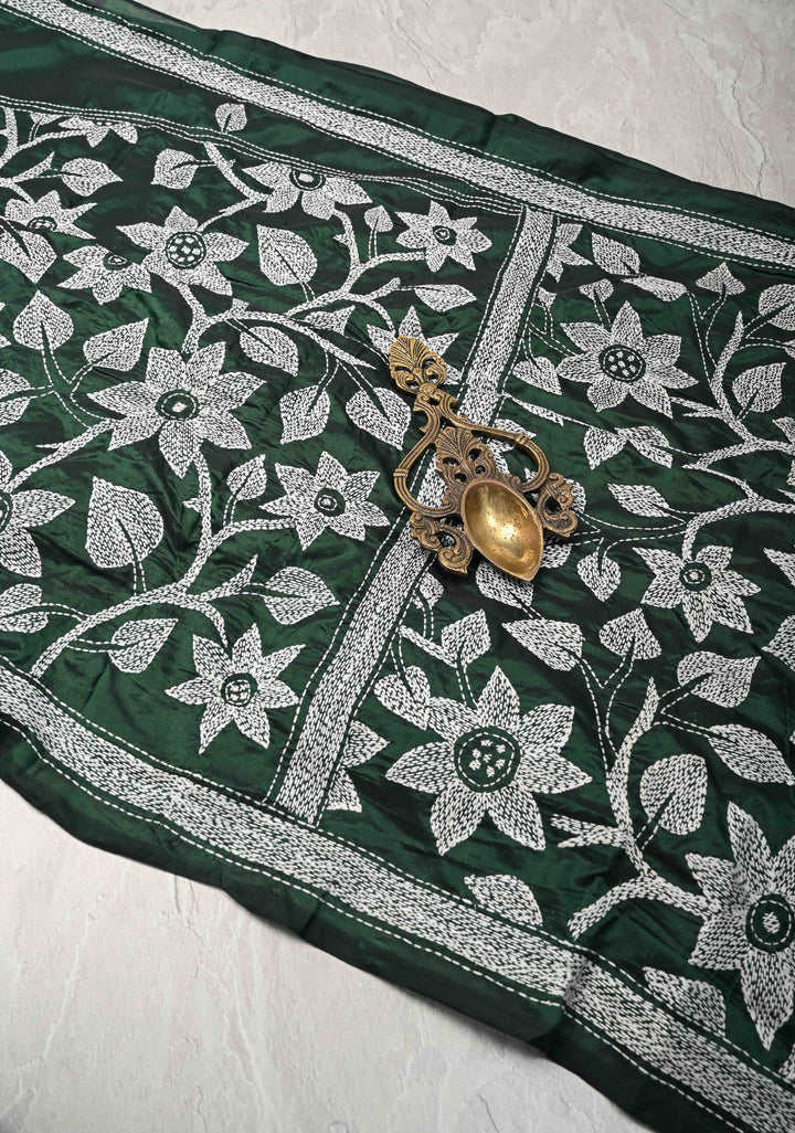 Bottle Green Art Silk Saree with Kantha Hand Embroidery Design