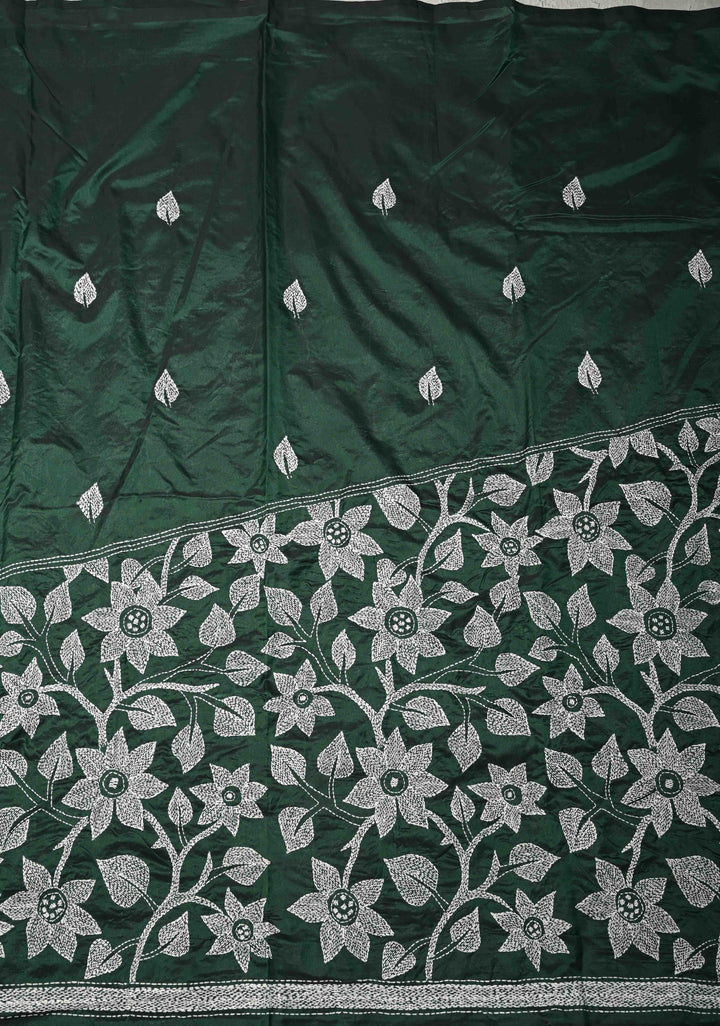 Bottle Green Art Silk Saree with Kantha Hand Embroidery Design