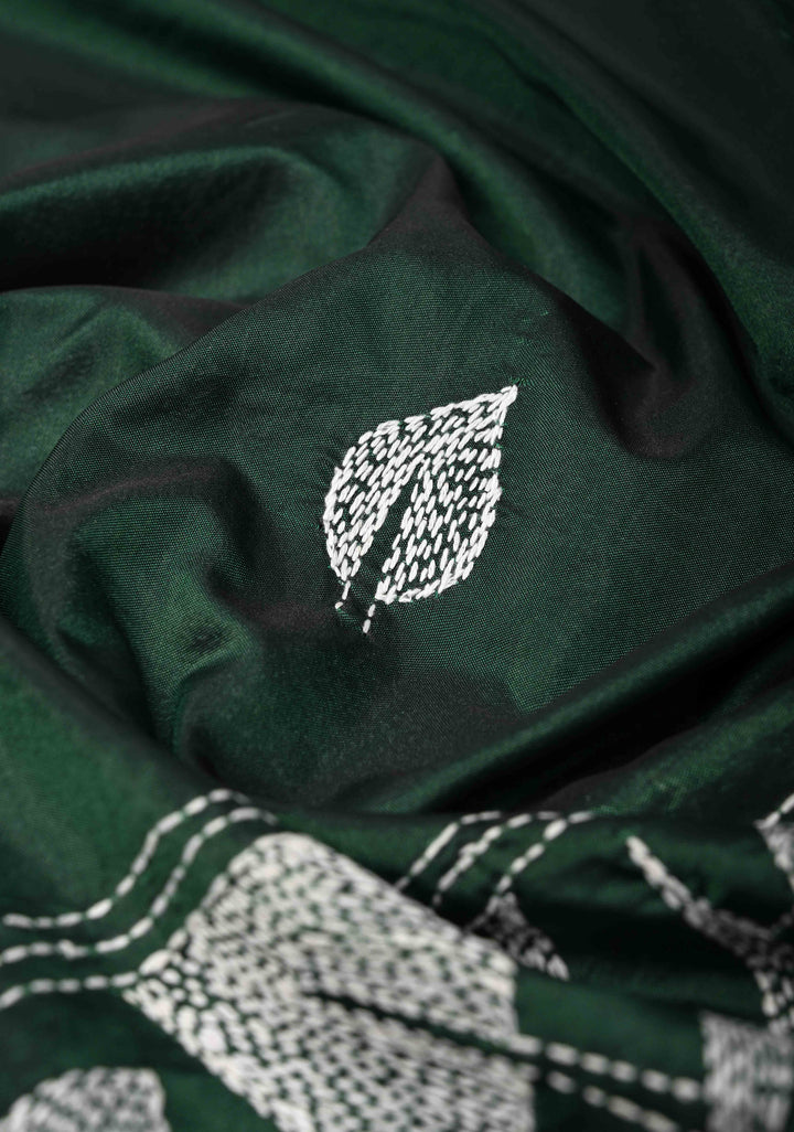 Bottle Green Art Silk Saree with Kantha Hand Embroidery Design