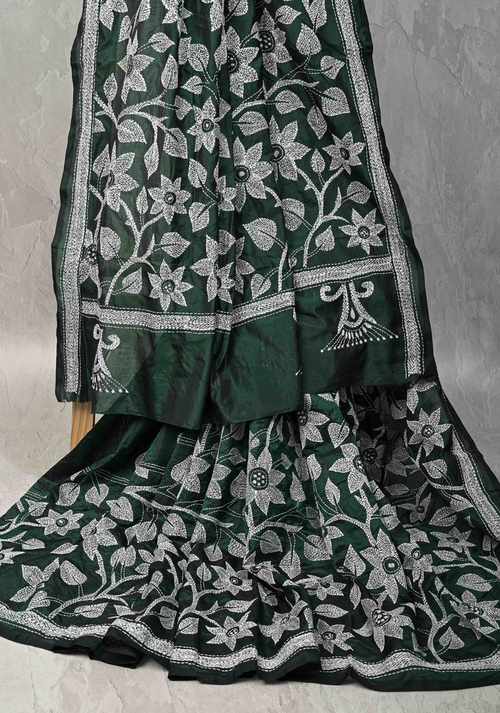 Bottle Green Art Silk Saree with Kantha Hand Embroidery Design