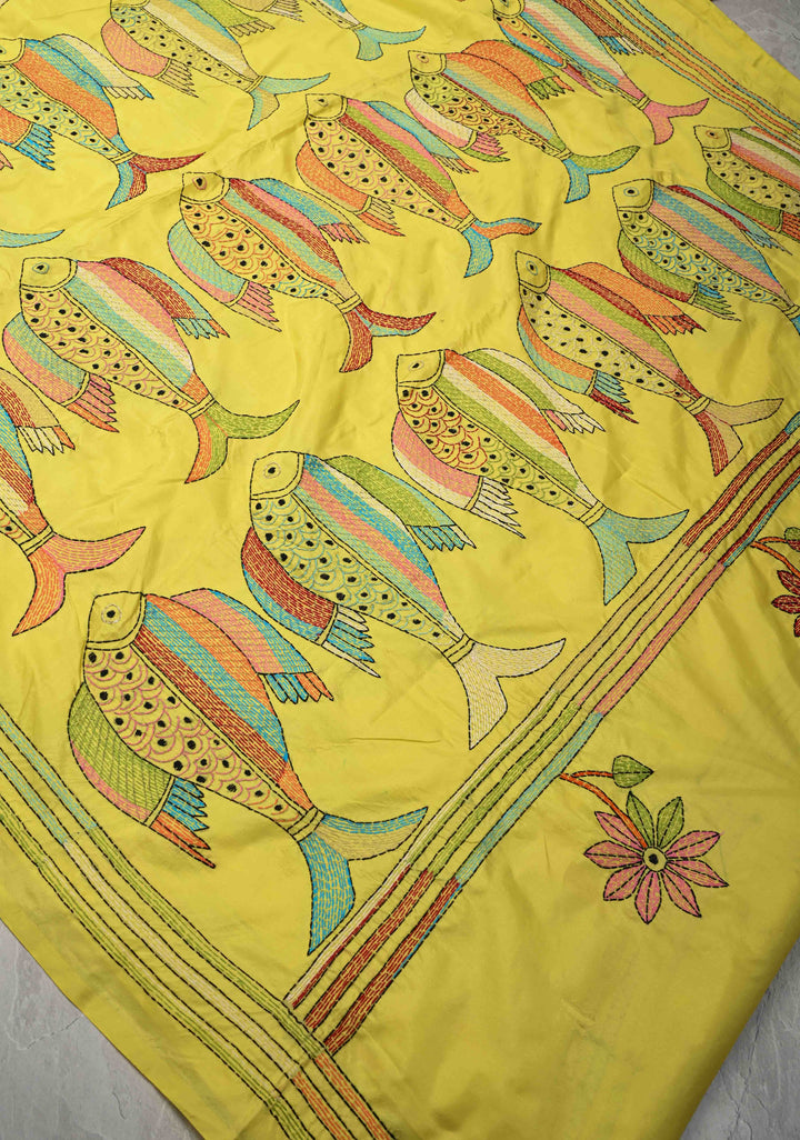 Matsya Kantha Hand Embroidery on Yellow Art Silk Saree
