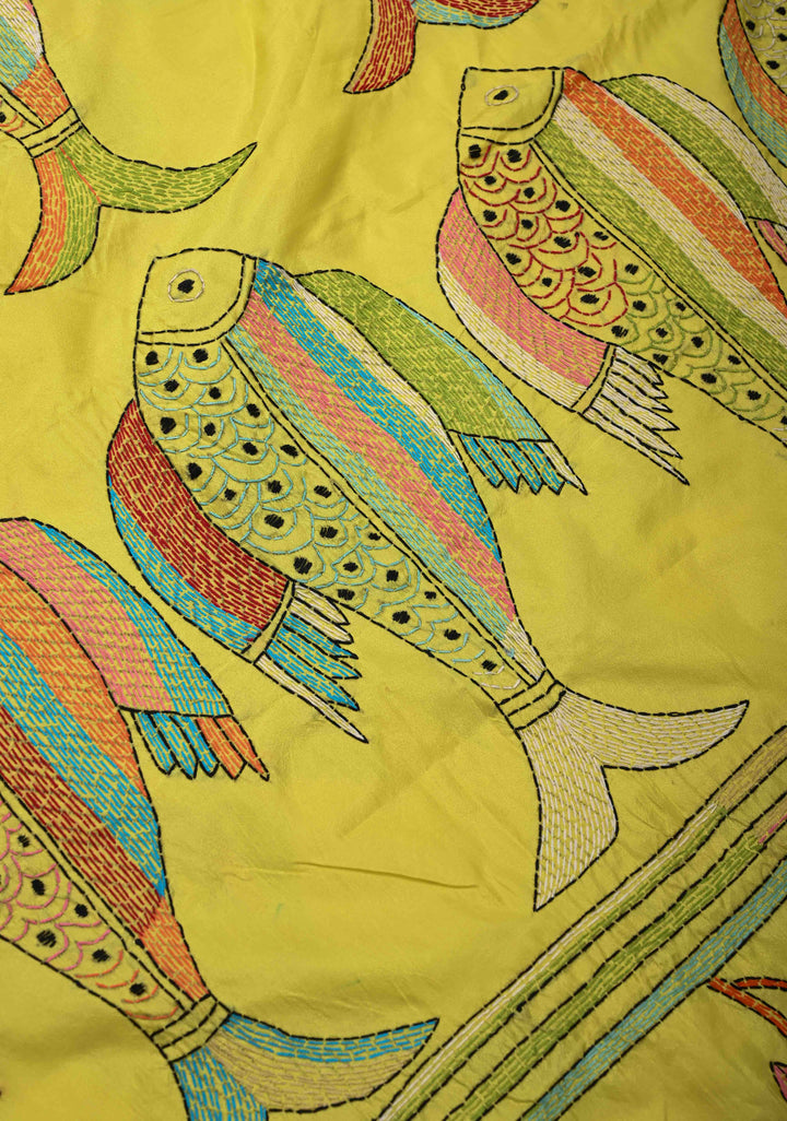 Matsya Kantha Hand Embroidery on Yellow Art Silk Saree