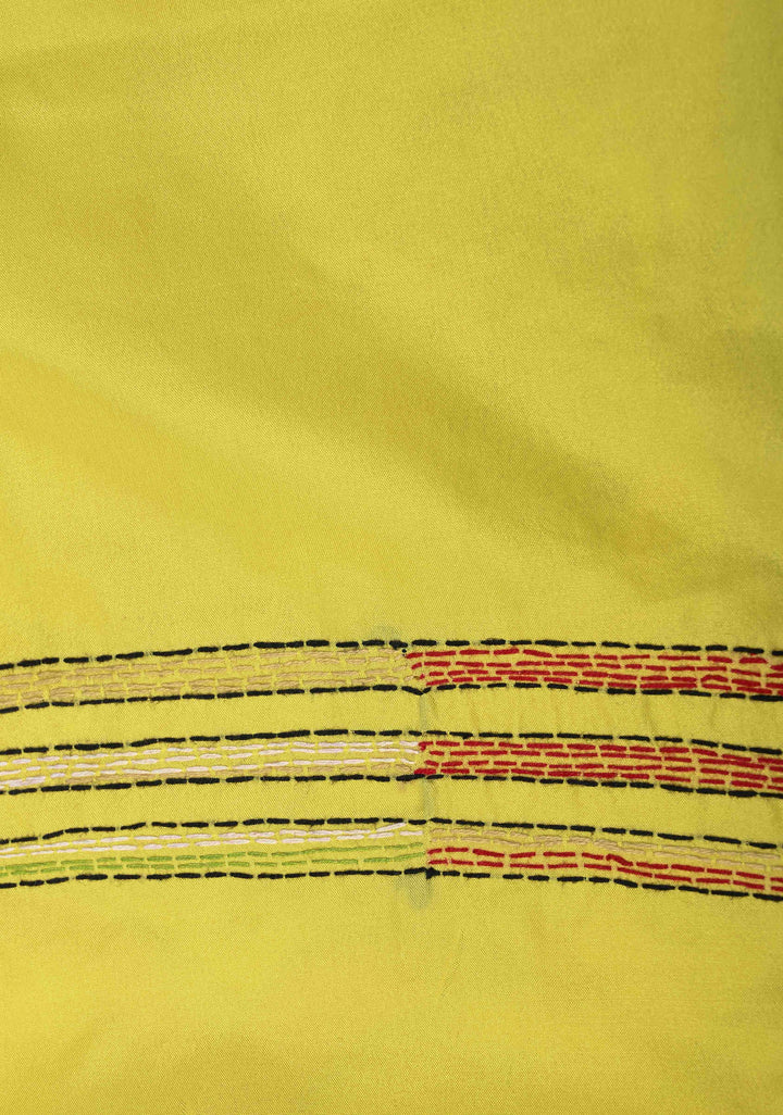 Matsya Kantha Hand Embroidery on Yellow Art Silk Saree