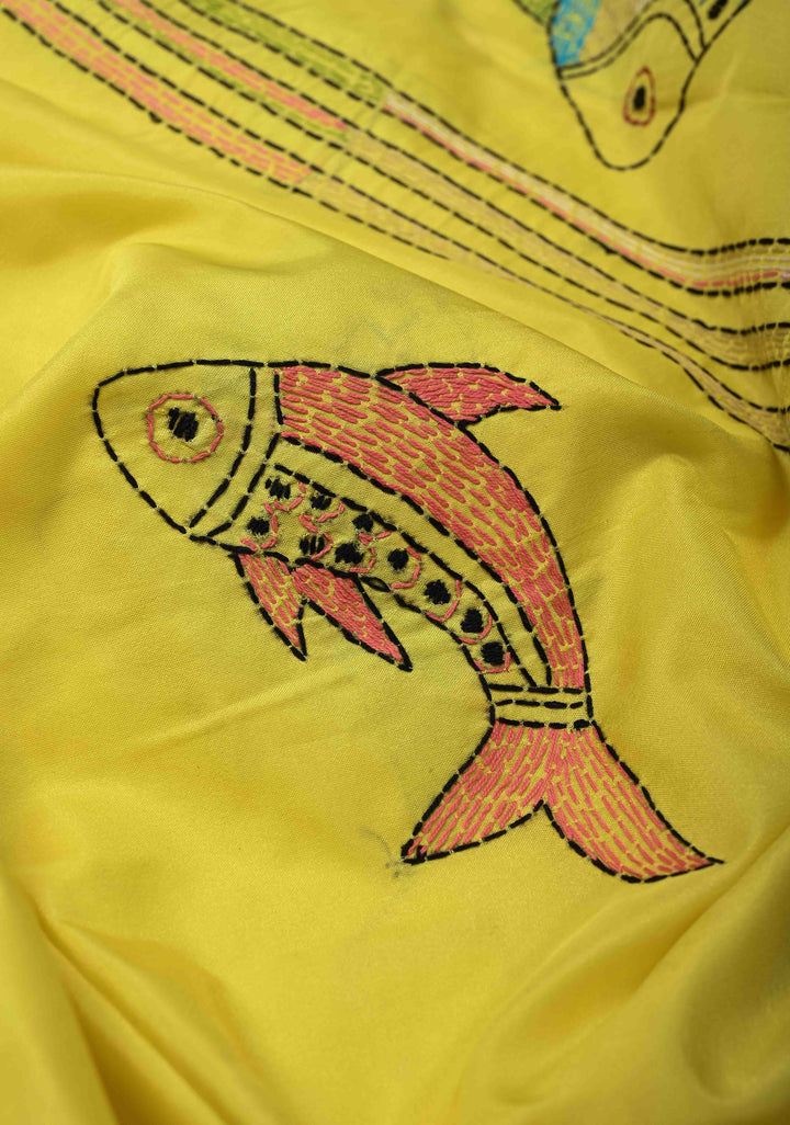 Matsya Kantha Hand Embroidery on Yellow Art Silk Saree