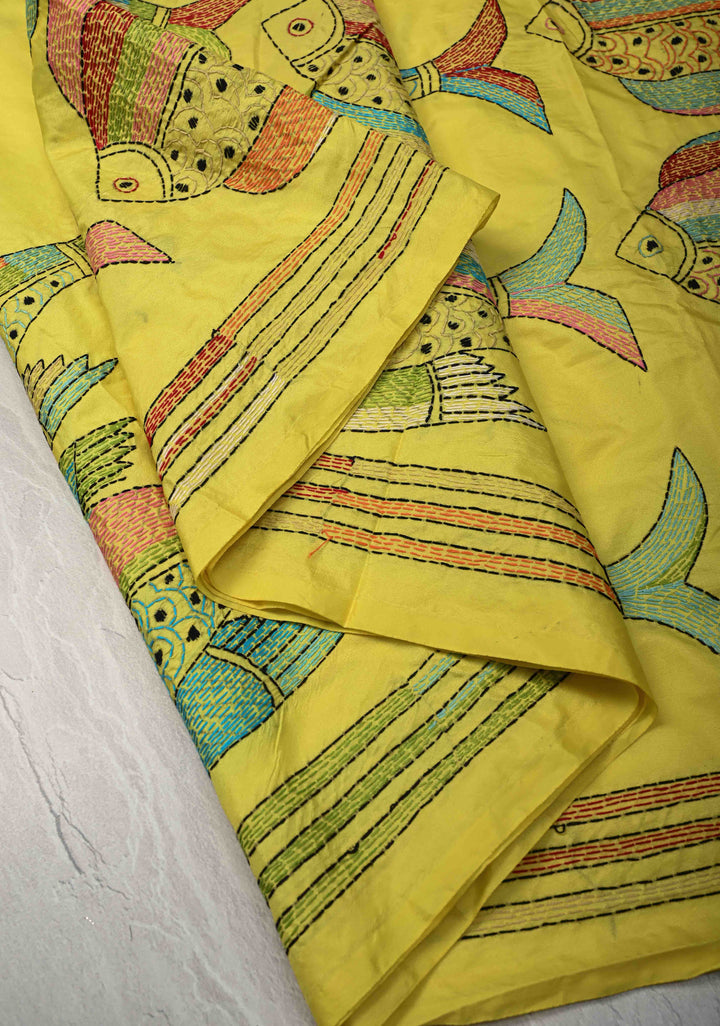Matsya Kantha Hand Embroidery on Yellow Art Silk Saree