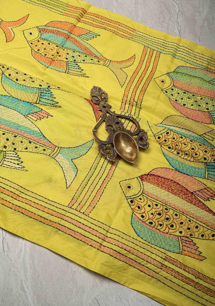 Matsya Kantha Hand Embroidery on Yellow Art Silk Saree
