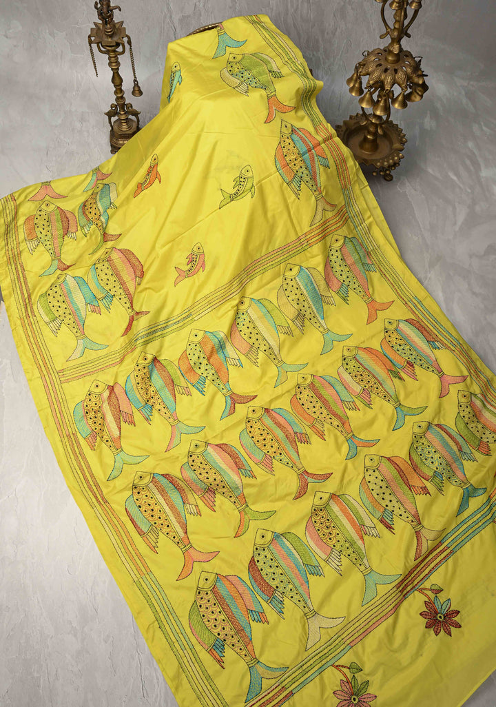 Matsya Kantha Hand Embroidery on Yellow Art Silk Saree