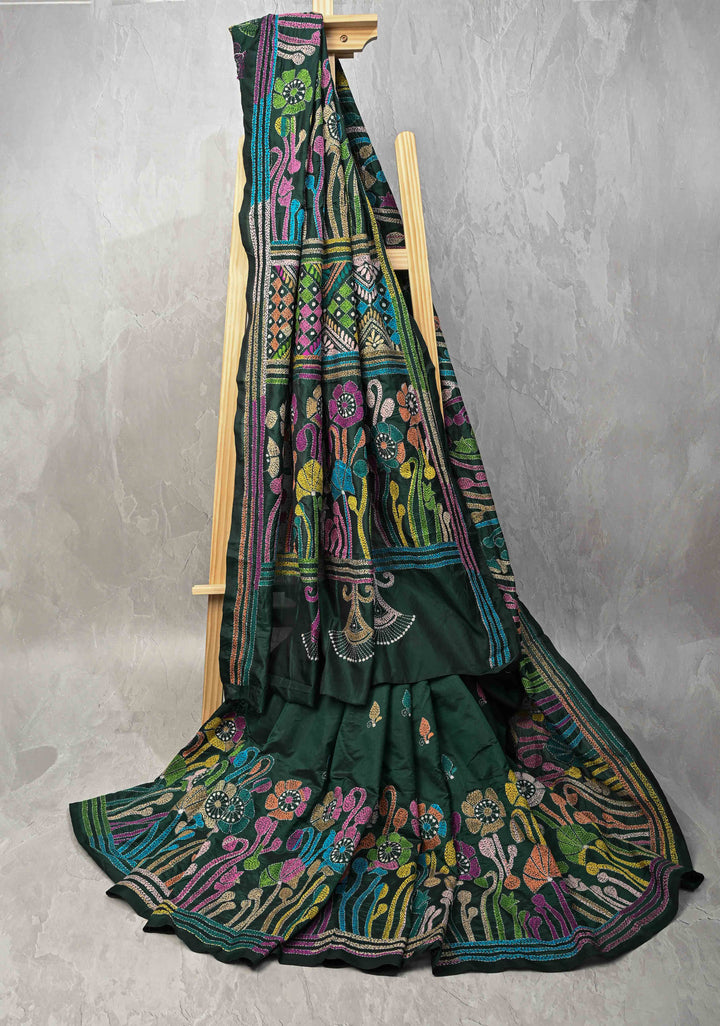 Emerald Green Art Silk Saree with Kantha Hand Embroidery Design