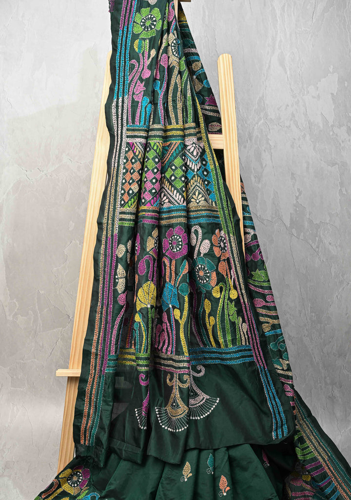 Emerald Green Art Silk Saree with Kantha Hand Embroidery Design