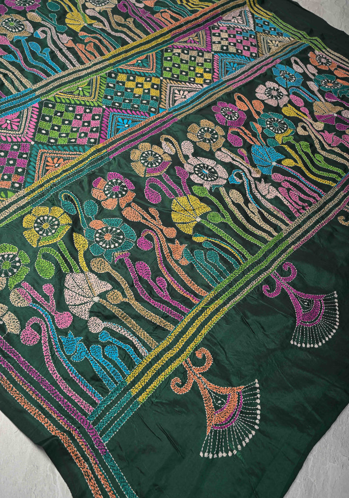 Emerald Green Art Silk Saree with Kantha Hand Embroidery Design