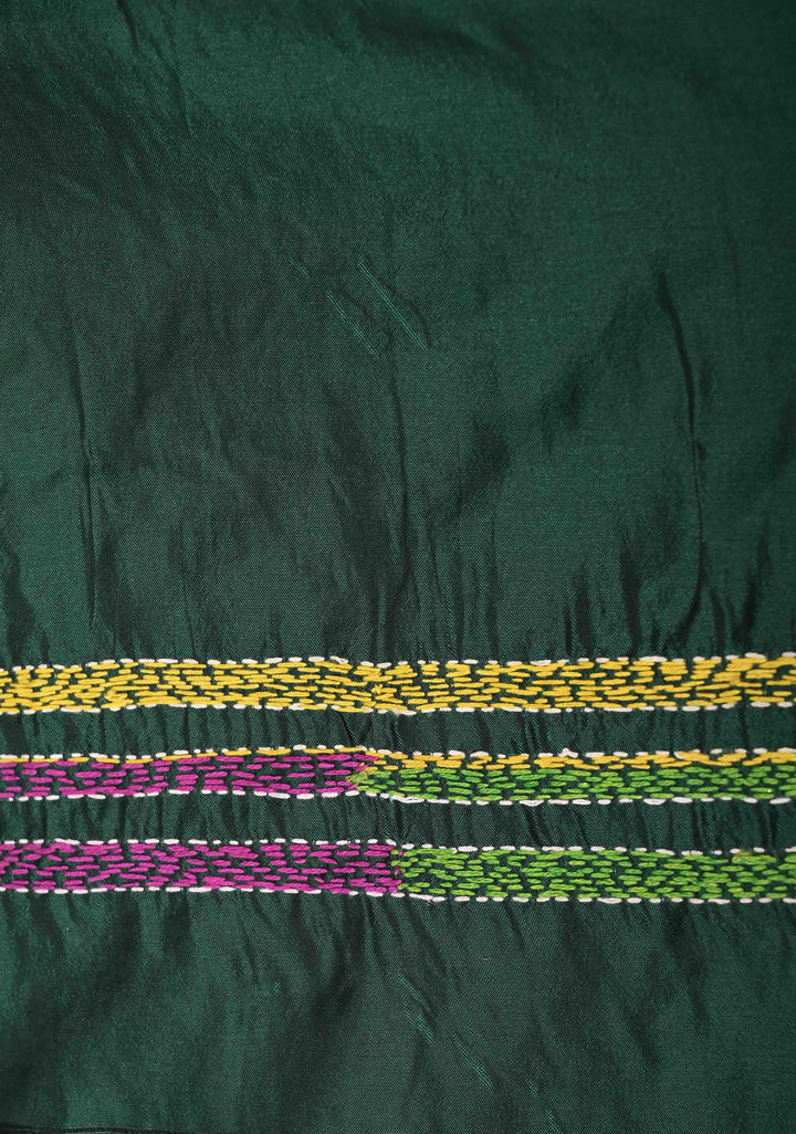 Emerald Green Art Silk Saree with Kantha Hand Embroidery Design