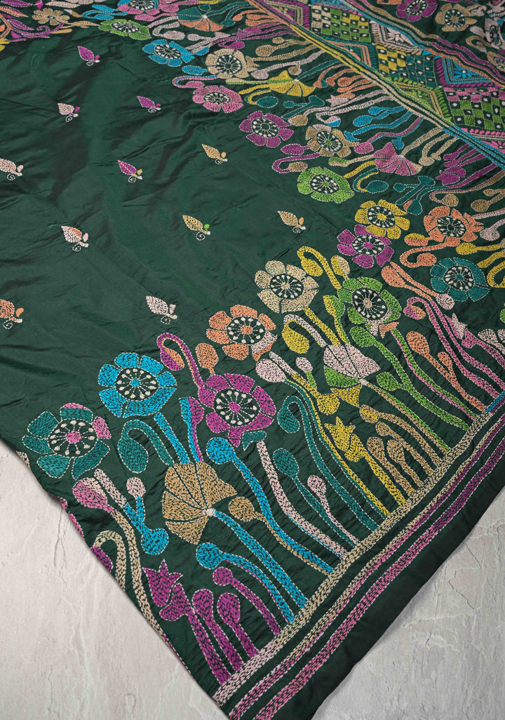 Emerald Green Art Silk Saree with Kantha Hand Embroidery Design
