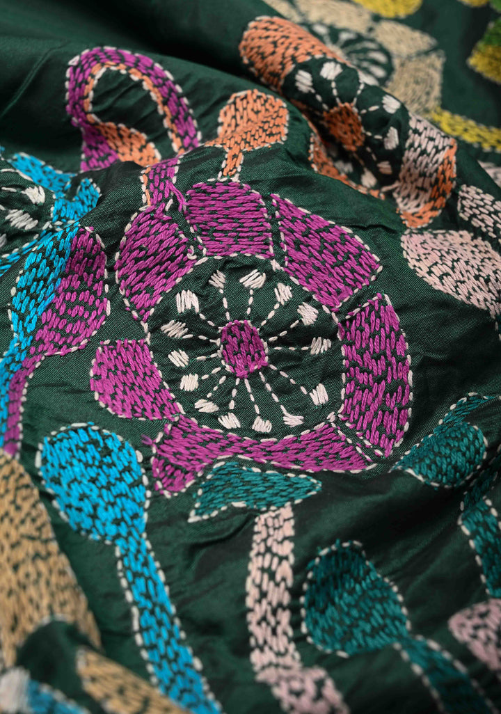 Emerald Green Art Silk Saree with Kantha Hand Embroidery Design