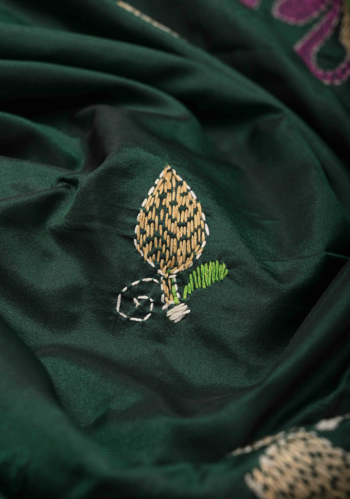 Emerald Green Art Silk Saree with Kantha Hand Embroidery Design