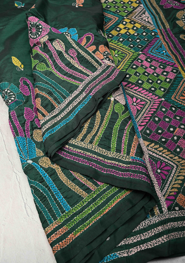 Emerald Green Art Silk Saree with Kantha Hand Embroidery Design