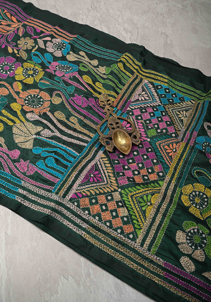 Emerald Green Art Silk Saree with Kantha Hand Embroidery Design