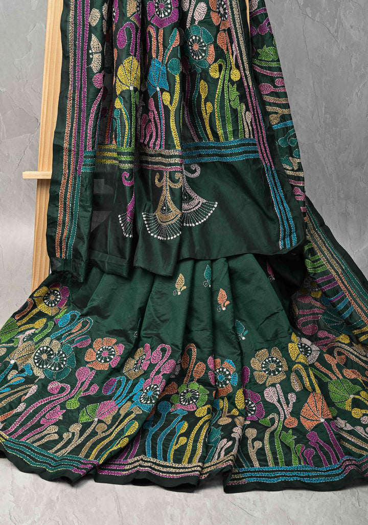 Emerald Green Art Silk Saree with Kantha Hand Embroidery Design