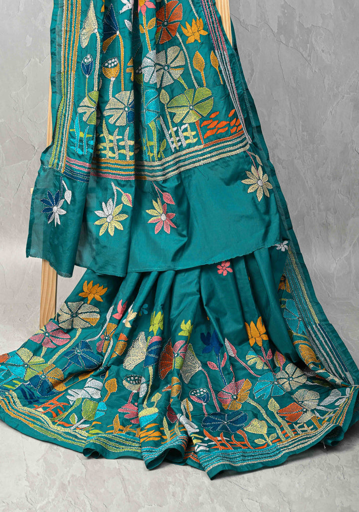 Teal Green Art Silk Saree with Kantha Hand Embroidery Design
