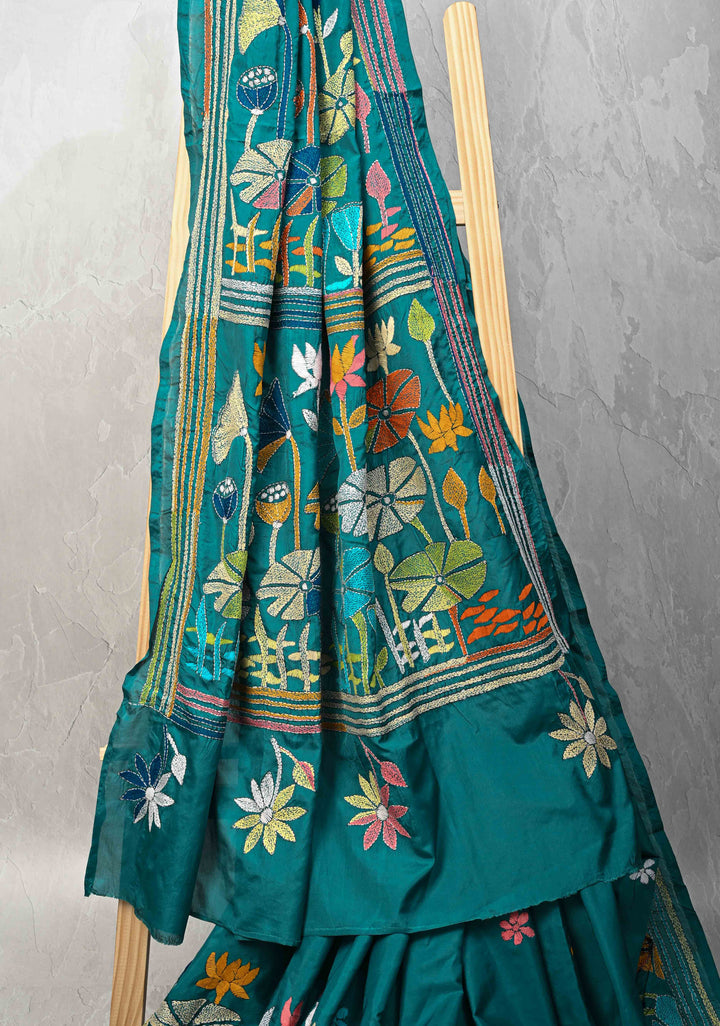 Teal Green Art Silk Saree with Kantha Hand Embroidery Design