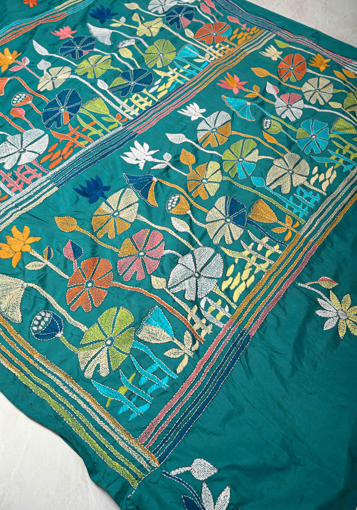 Teal Green Art Silk Saree with Kantha Hand Embroidery Design