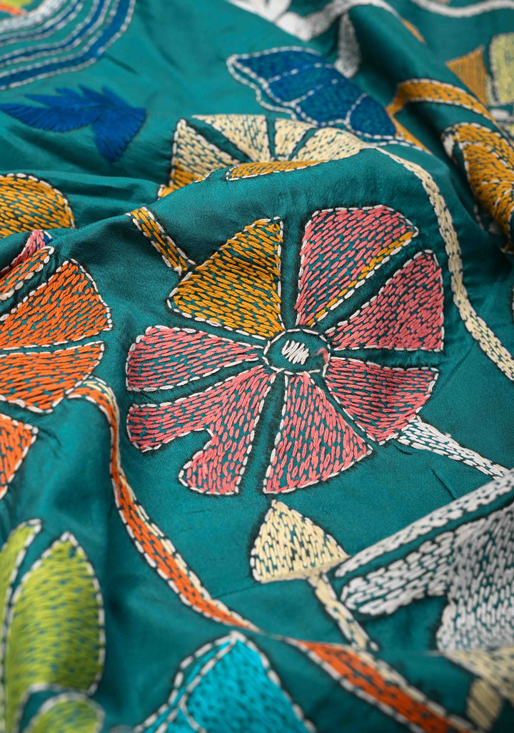 Teal Green Art Silk Saree with Kantha Hand Embroidery Design
