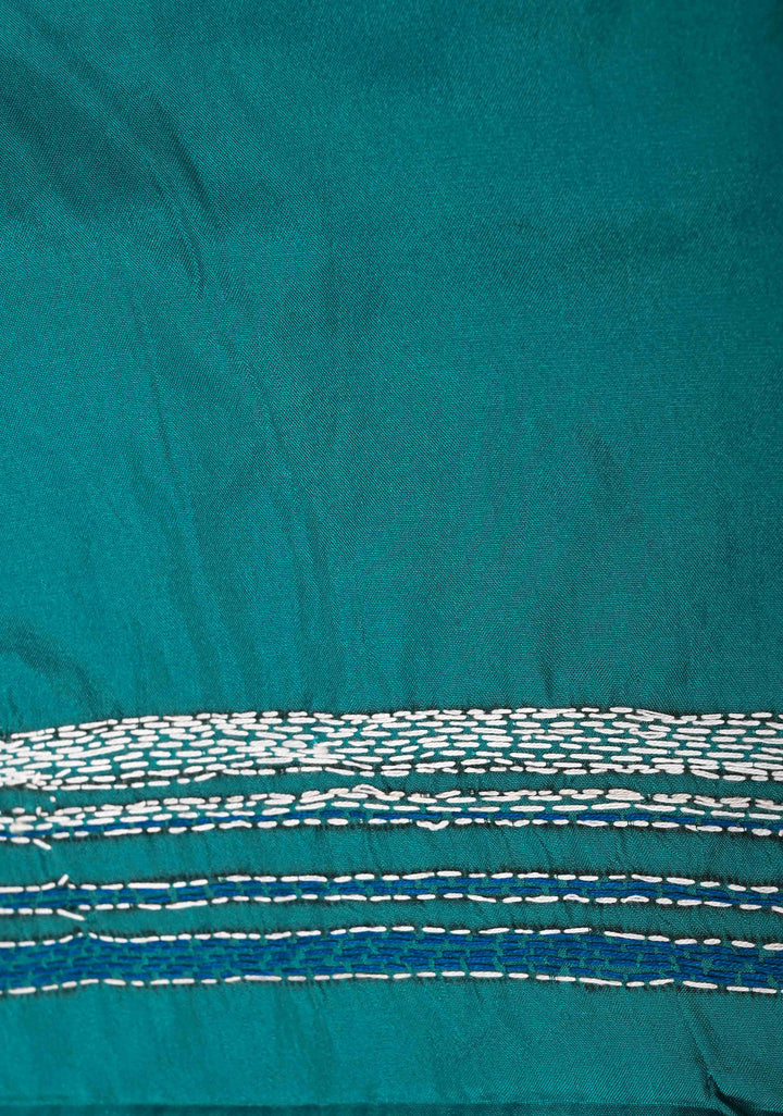 Teal Green Art Silk Saree with Kantha Hand Embroidery Design