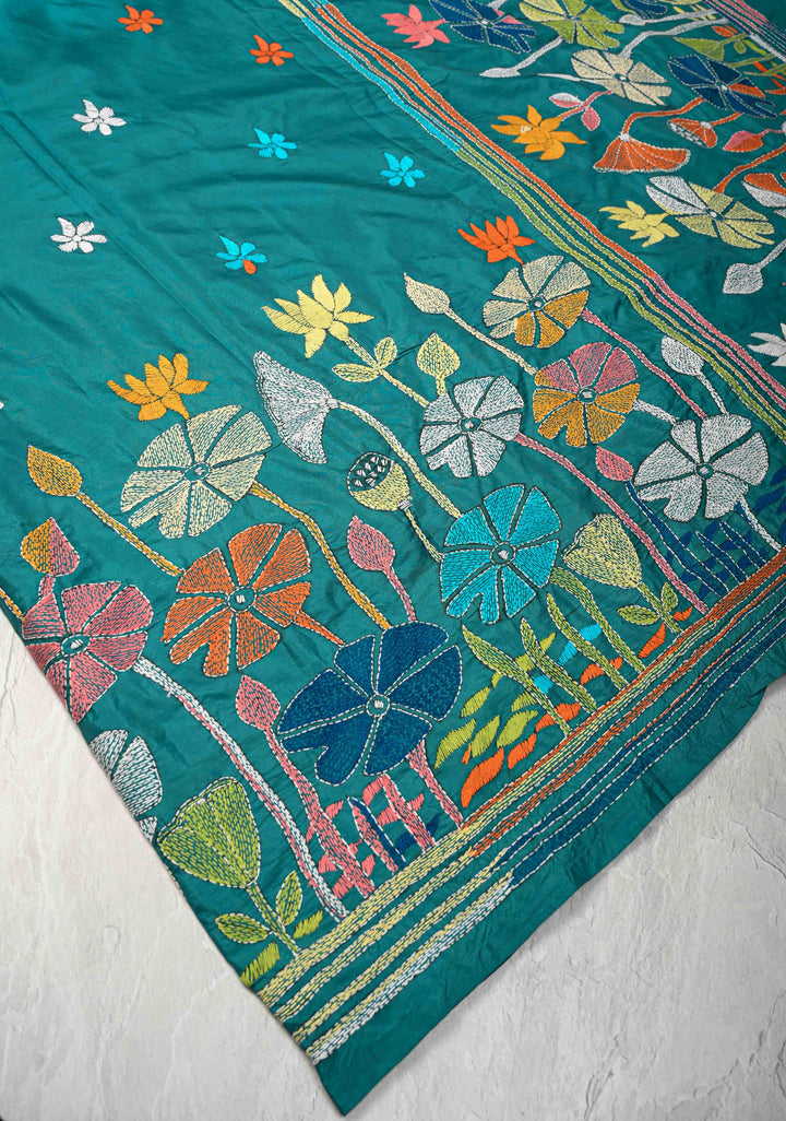 Teal Green Art Silk Saree with Kantha Hand Embroidery Design