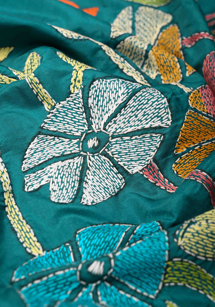 Teal Green Art Silk Saree with Kantha Hand Embroidery Design
