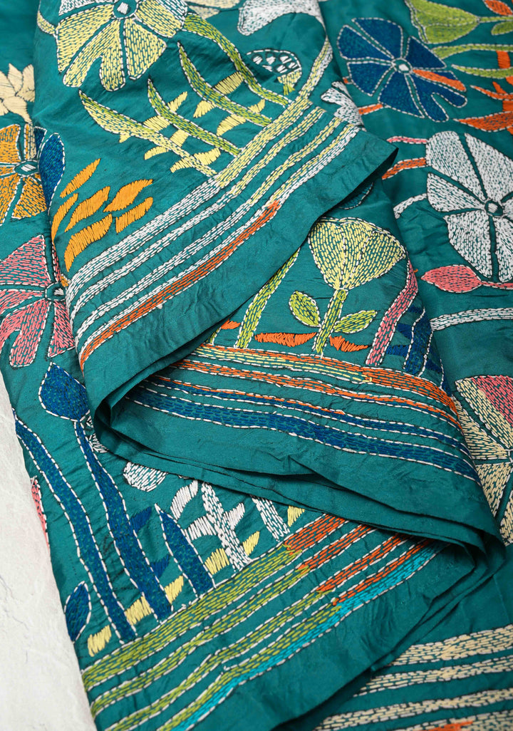 Teal Green Art Silk Saree with Kantha Hand Embroidery Design