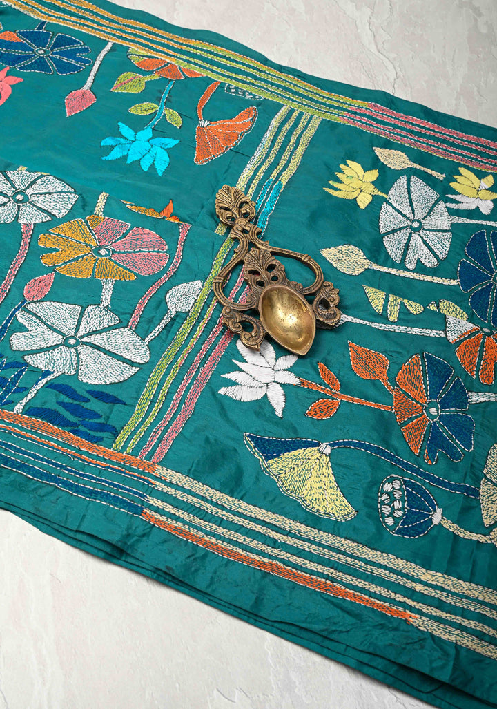 Teal Green Art Silk Saree with Kantha Hand Embroidery Design