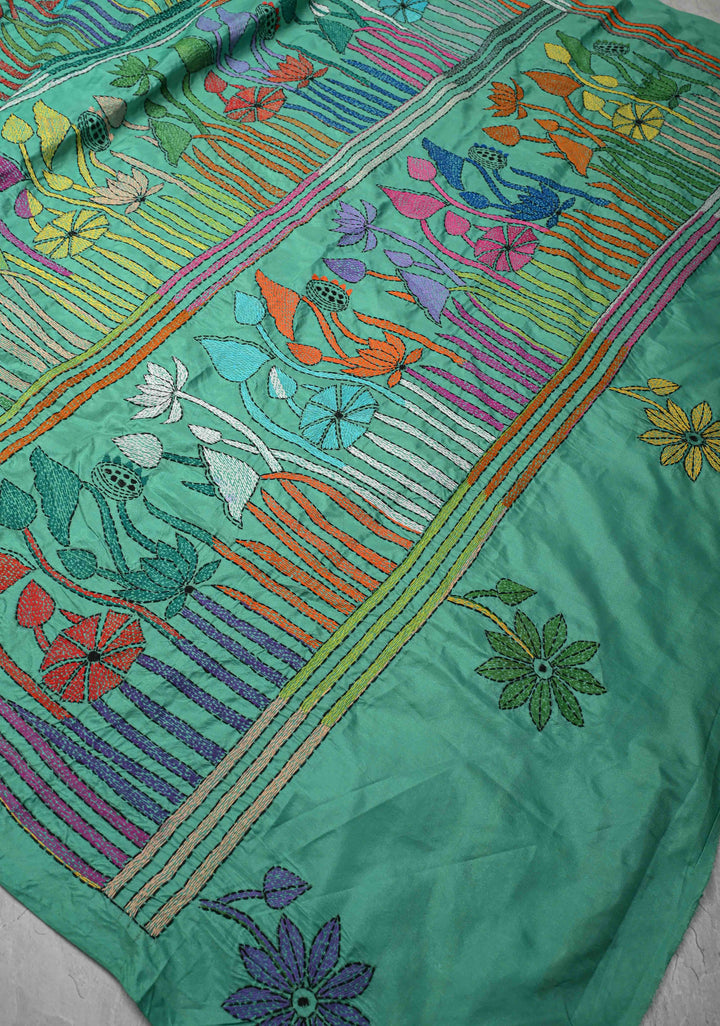 Rama Green Art Silk Saree with Kantha Hand Embroidery