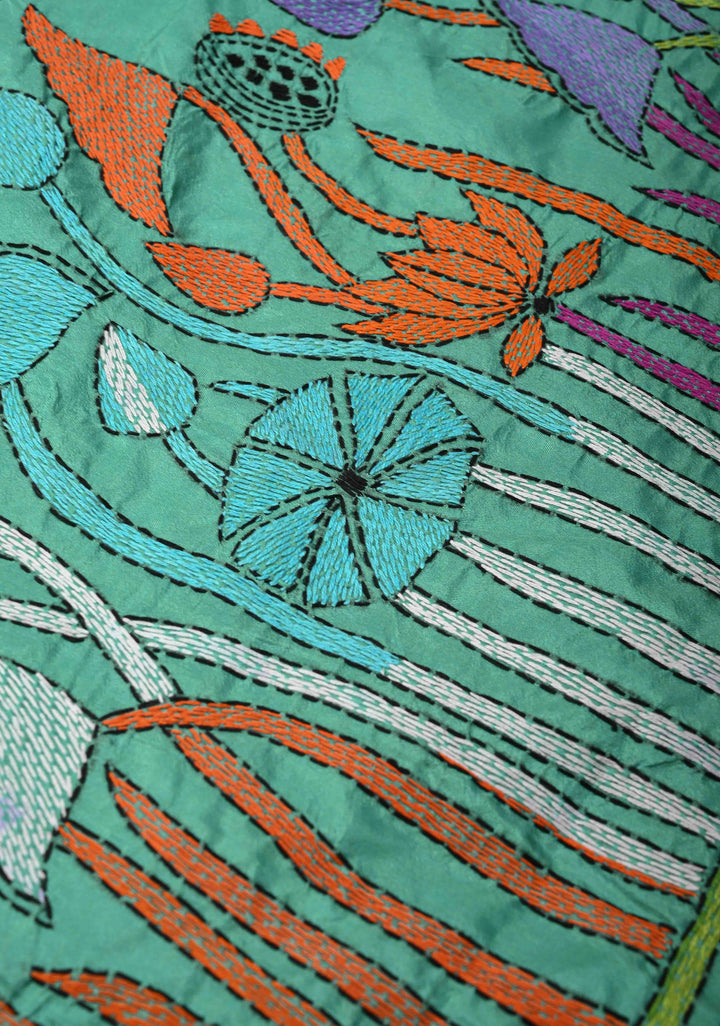 Rama Green Art Silk Saree with Kantha Hand Embroidery