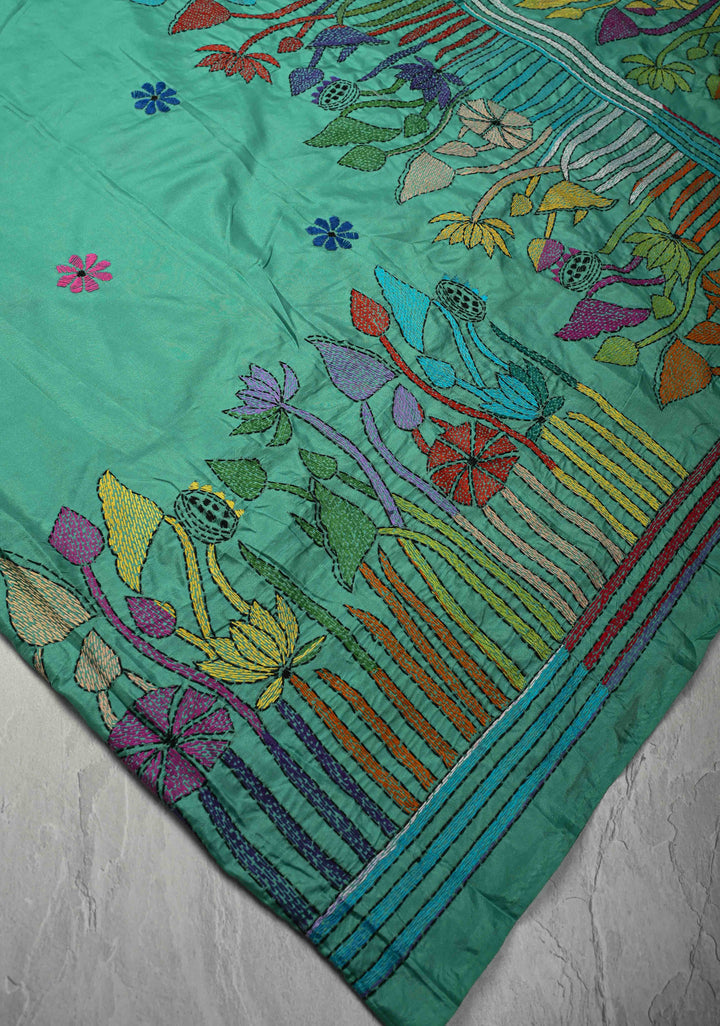 Rama Green Art Silk Saree with Kantha Hand Embroidery