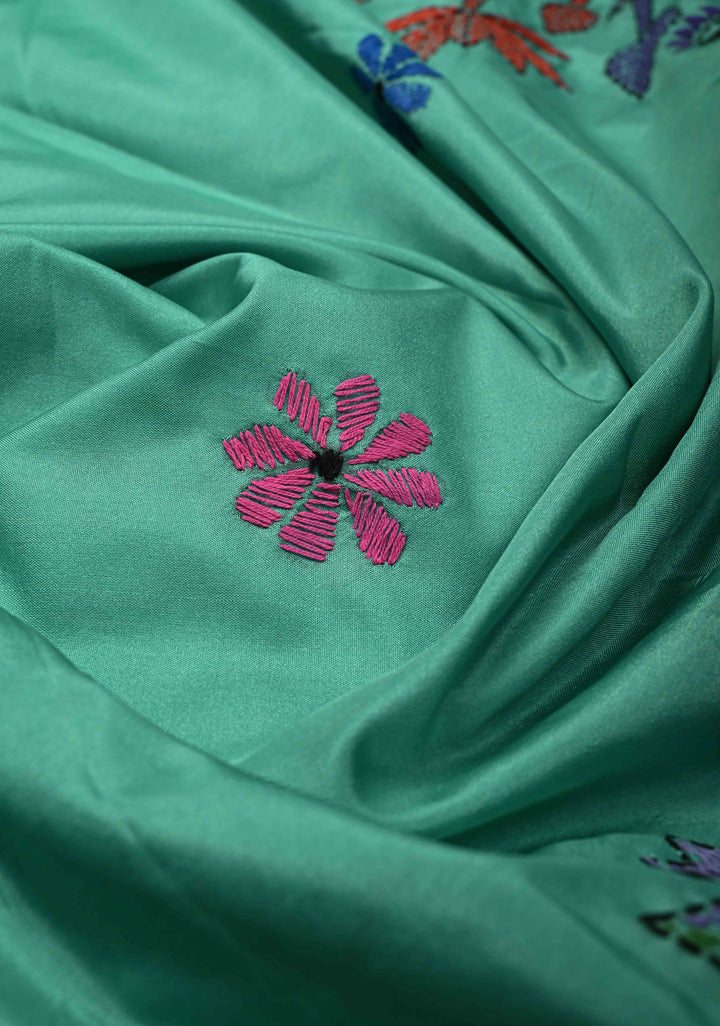 Rama Green Art Silk Saree with Kantha Hand Embroidery