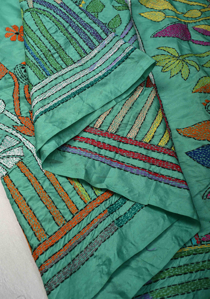 Rama Green Art Silk Saree with Kantha Hand Embroidery